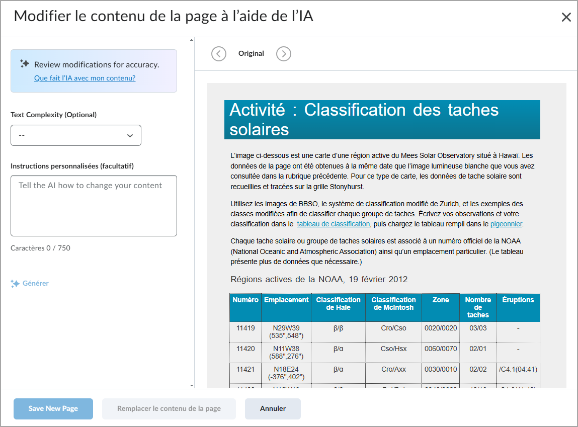 Volet Modifier le contenu de la page à l’aide de l’IA et options relatives à la complexité du texte