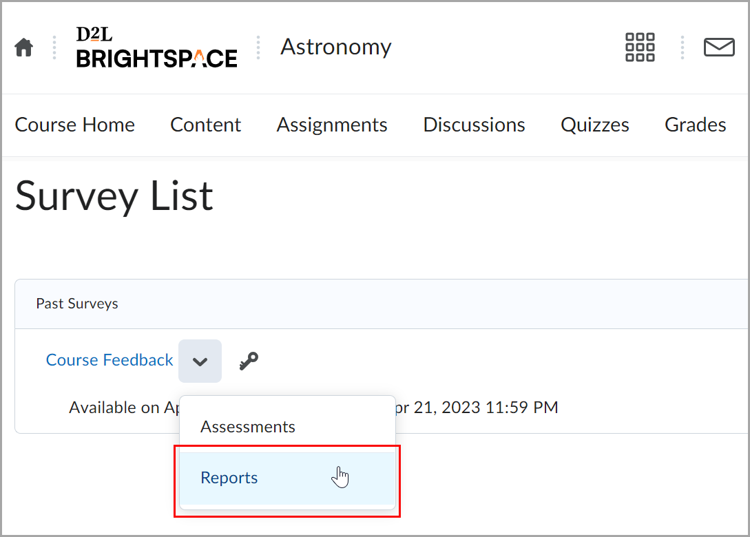 The context menu beside a survey with the Reports option selected