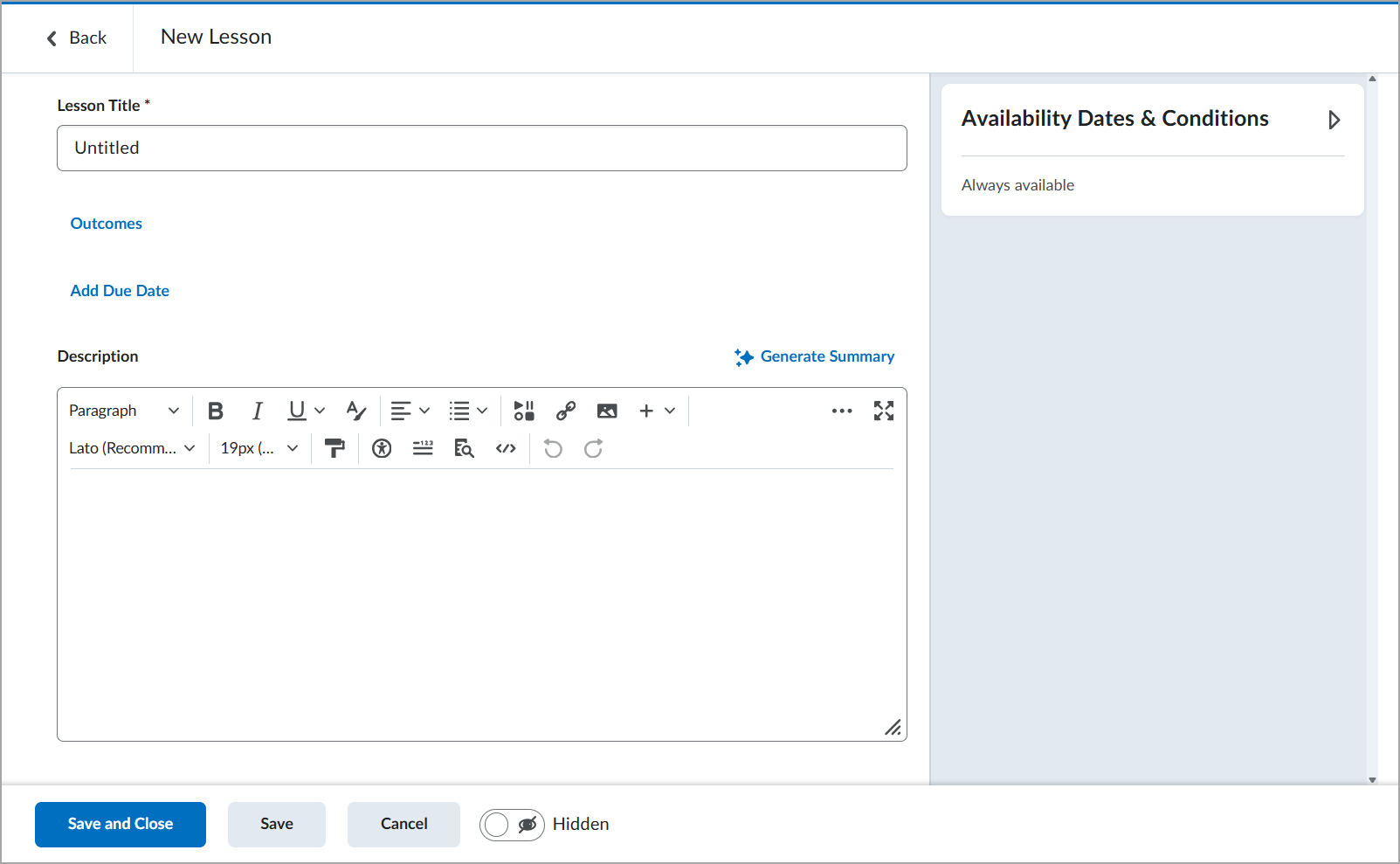 The New Lesson page.