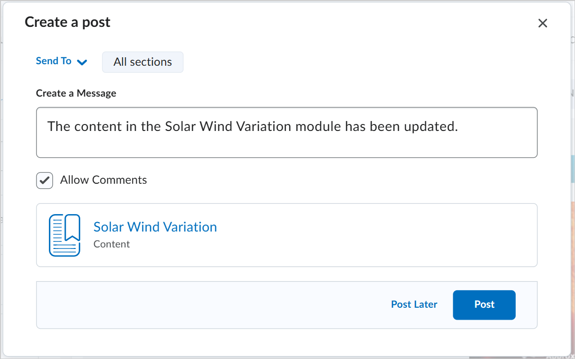 The Create a post dialog showing the Create a Message field, Allow Comments check box, and the module being updated.