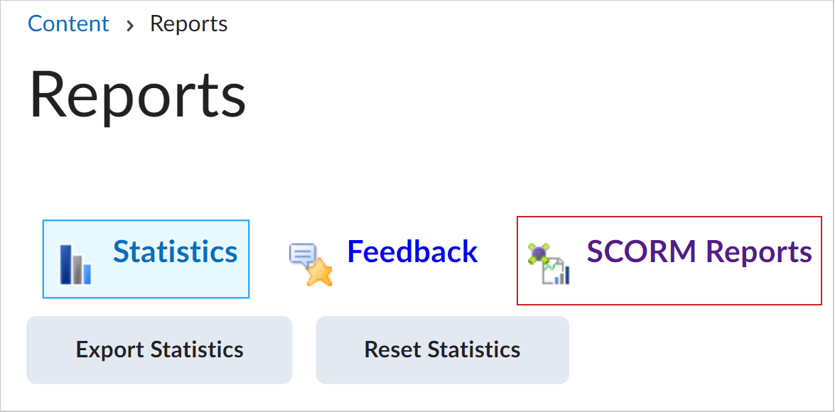 The SCORM Reports option on the Reports page.