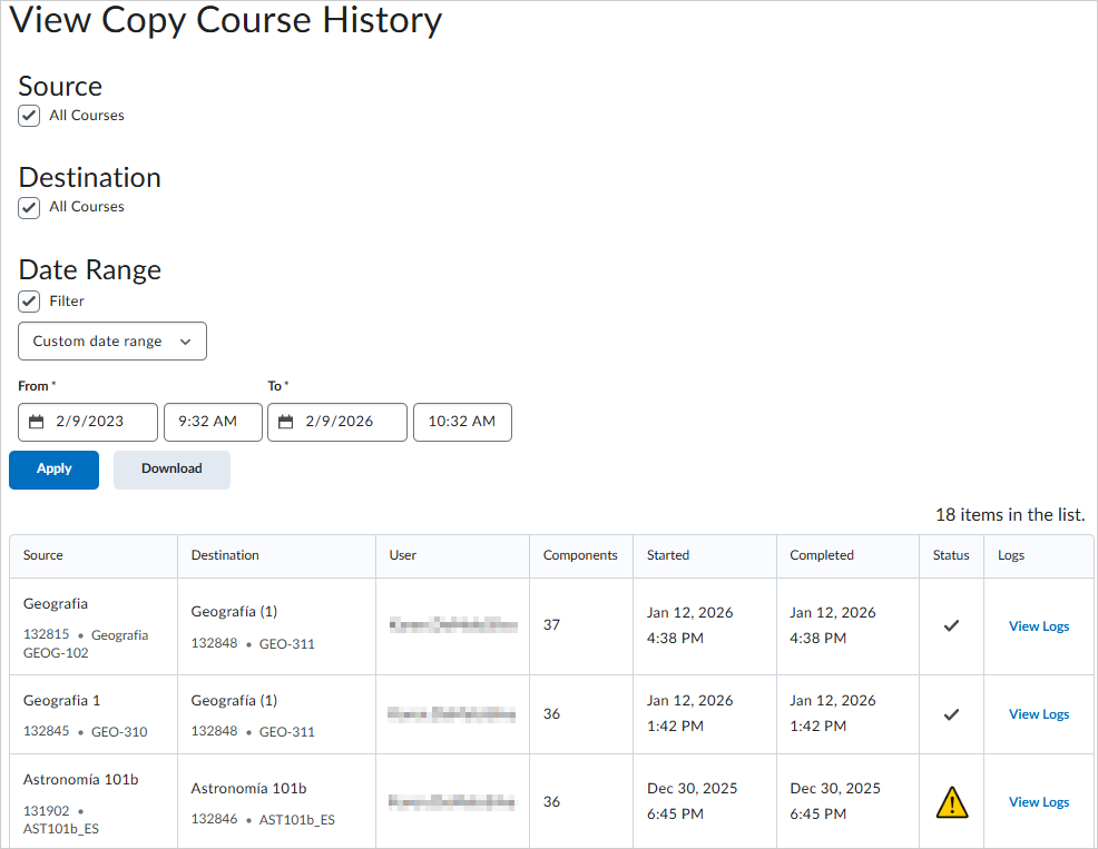 On the View Copy Course History page the Status column displays status bars for classes in the process of being copied