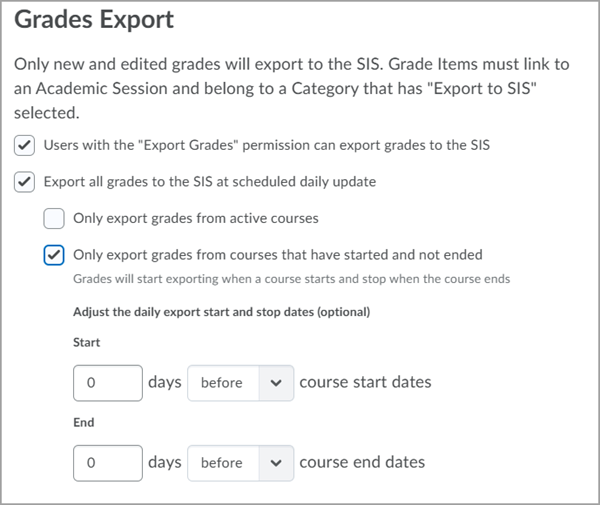 Configurações de Exportação de Notas para um sistema de origem OneRoster no Brightspace.