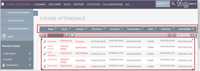 The Course Attendance page showing learner names with the option to view their attendance records