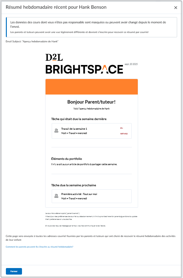 La fenêtre Résumé hebdomadaire s'ouvre et affiche le contenu du courriel de résumé d'un étudiant.