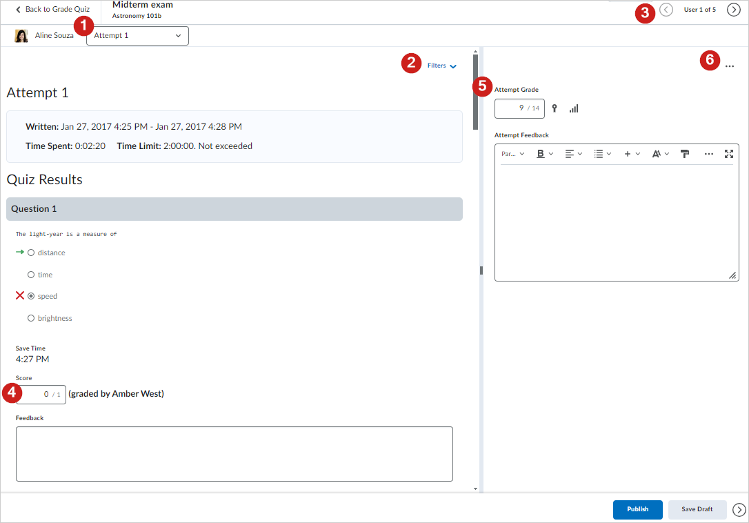 A visual tour with numbers labeling the new quiz evaluation experience.