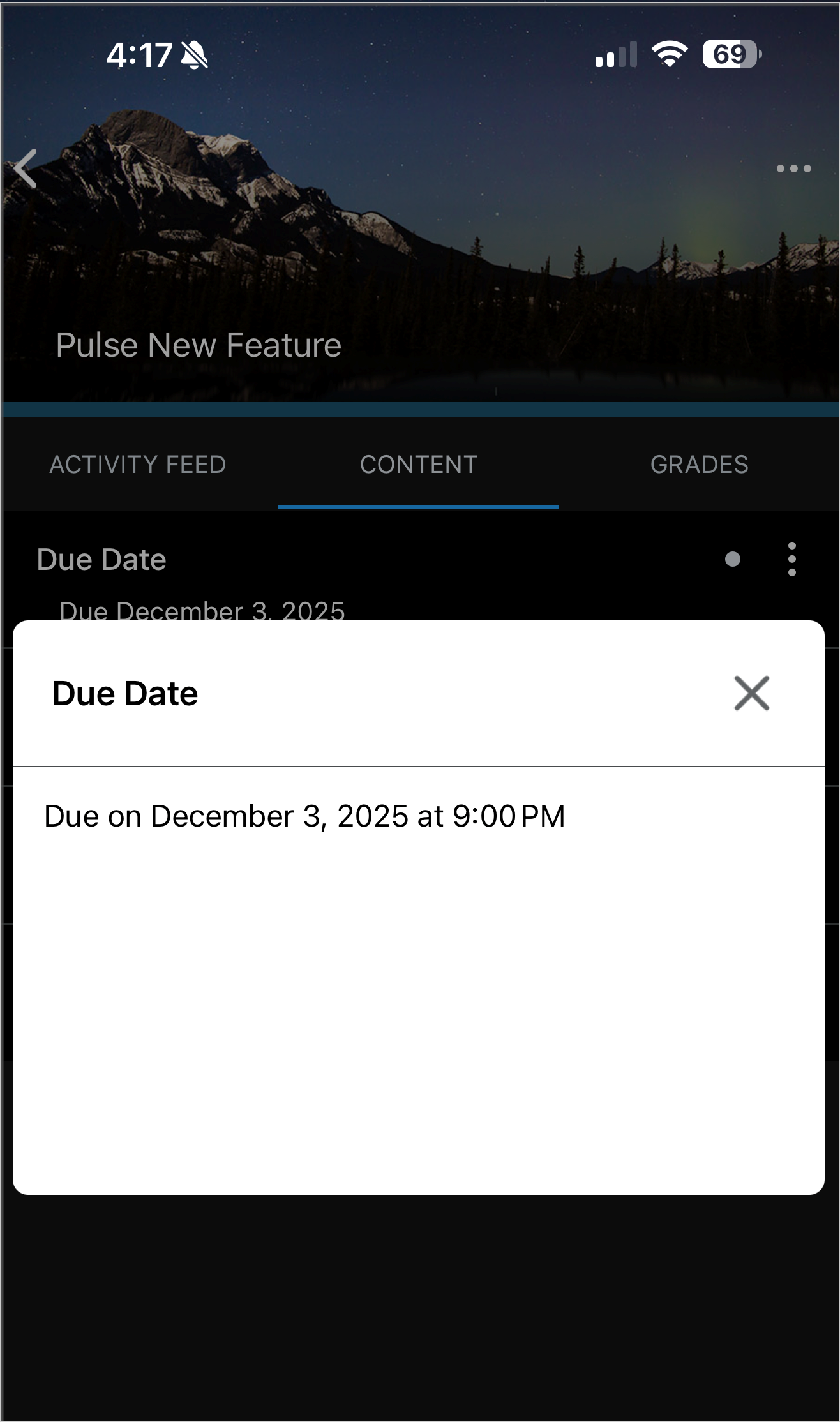 Due Date dialog showing item is due December 3, 2025 at 9 PM in Pulse content tab.