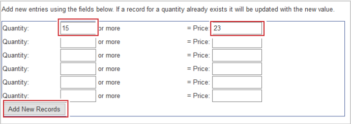 The Quantity and Price fields for shipping bands with the Add New Records button below