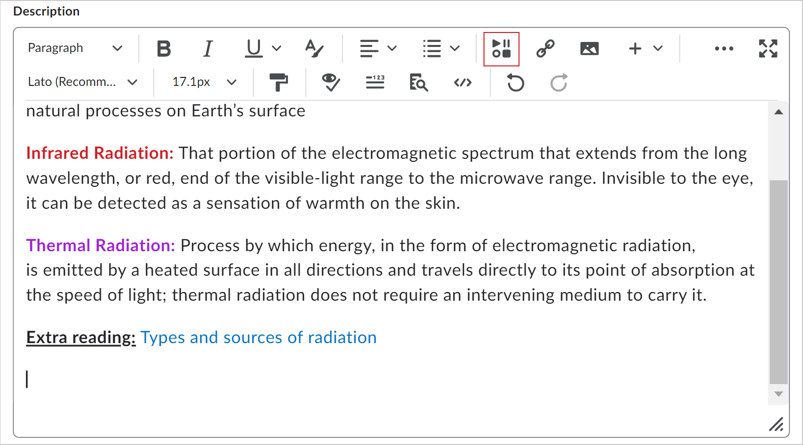 O botão Inserir item exibido na barra de ferramentas do Editor do Brightspace para um tópico de conteúdo.