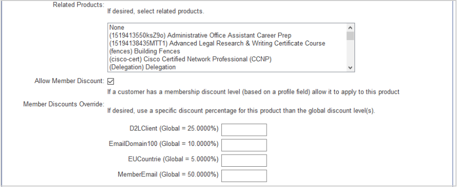 The Member Discounts and Related Products fields