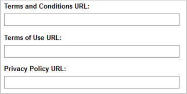 La URL de Términos y Condiciones, la URL de Términos de Uso y los campos de creación de URL de Política de Privacidad