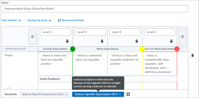 A rubric with standards listed in different level categories.