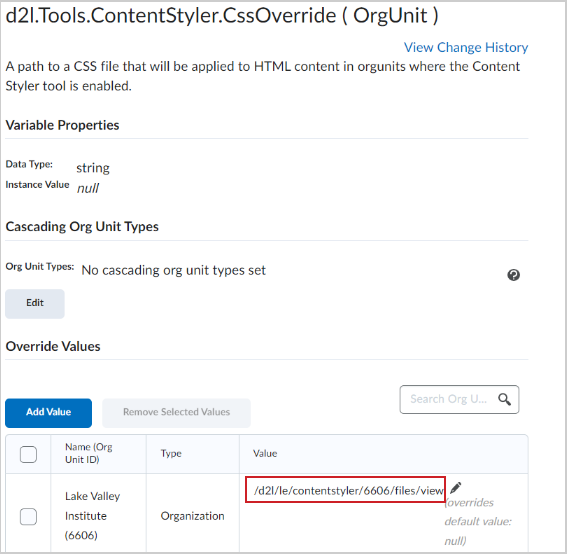 The d2l.Tools.ContentStyler.CssOverride configuration variable, showing the pasted CSS location and an override example.