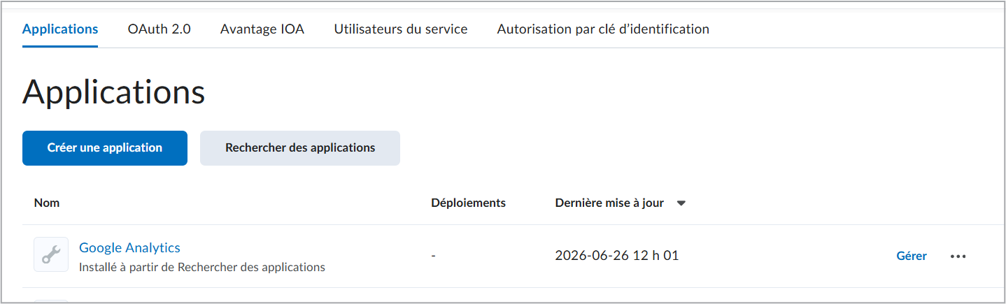 Page Applications Brightspace montrant une application compatible IOA disponible pour installation.