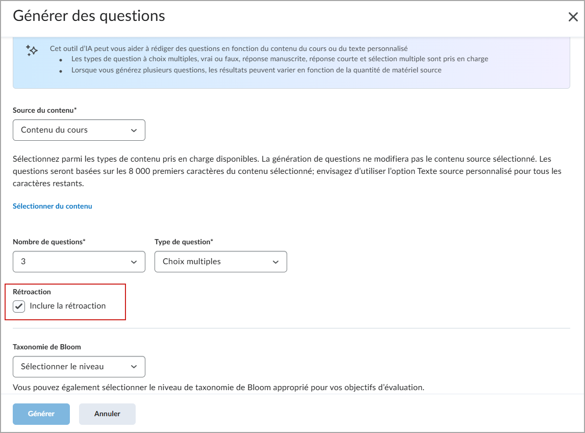 L’écran Générer des questions dans lequel la case Inclure une rétroaction est sélectionnée.