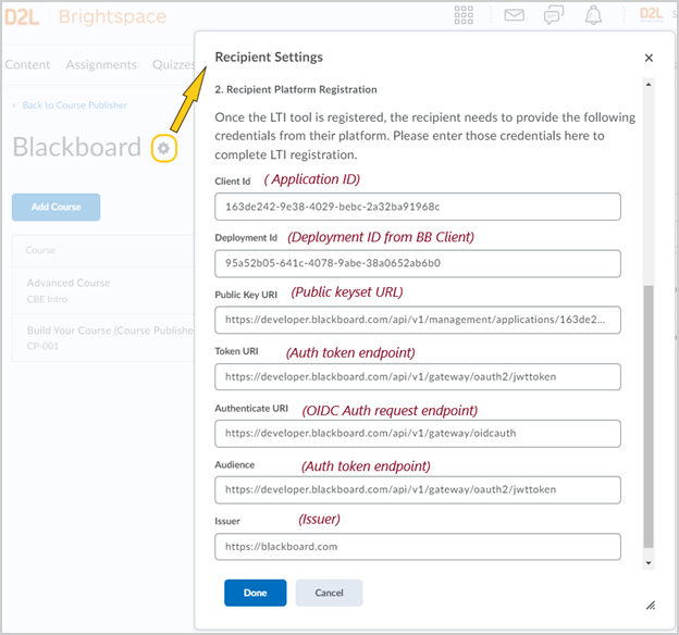 Recipient settings in Brightspace Course Publisher