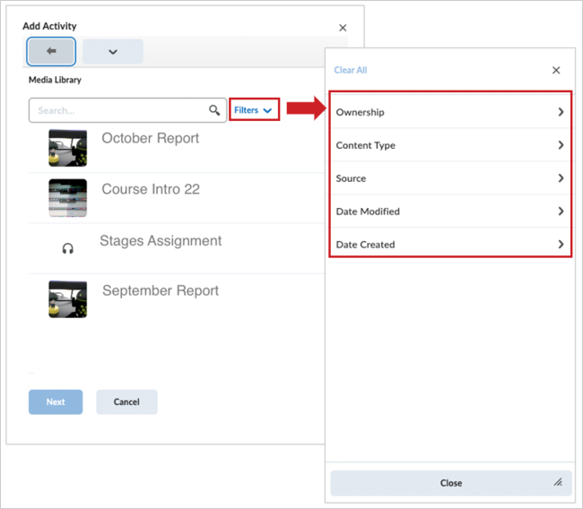 The new filter options included with the Insert Quicklink feature of Brigthspace Editor