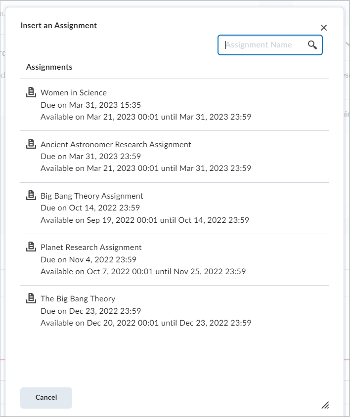 The Insert an Assignment dialog.