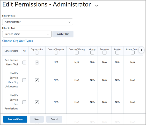 Verify permissions for managing Service Users Administrator permissions for managing Servcie Users