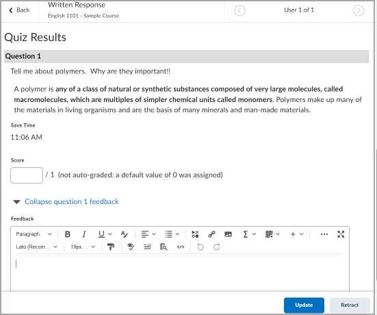Les champs Note et Rétroaction pour évaluer les réponses aux questions à développement du questionnaire.