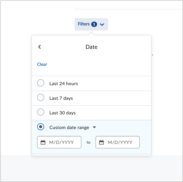 The Filter's drop-down menu showing the custom and preset date ranges