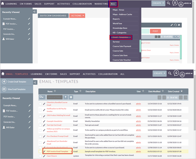 The All drop-down menu showing the Email - Templates option. The PDF Invoice Email Template appears in Email - Templates.