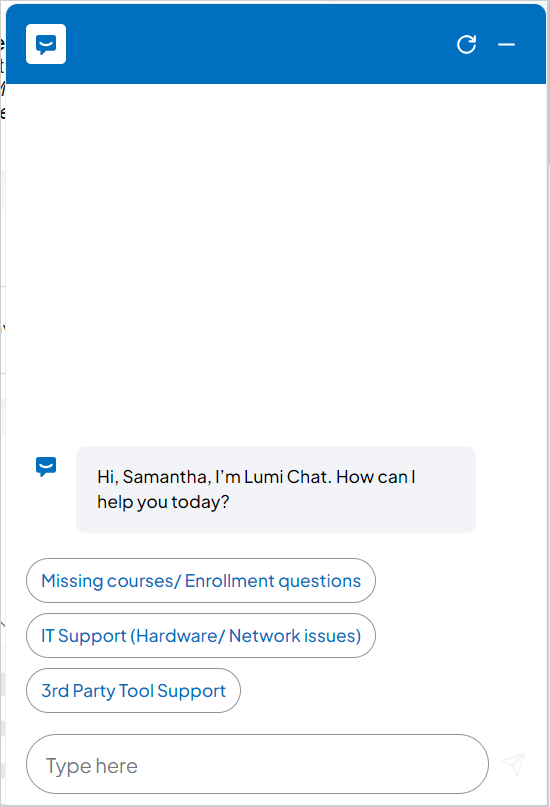 The Lumi Chat beginning interface asking the user if they want help