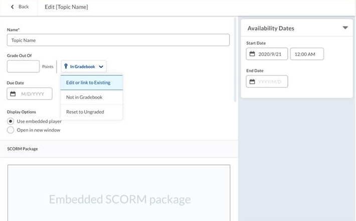 Página de edição de SCORM exibida na nova experiência de edição de Conteúdo