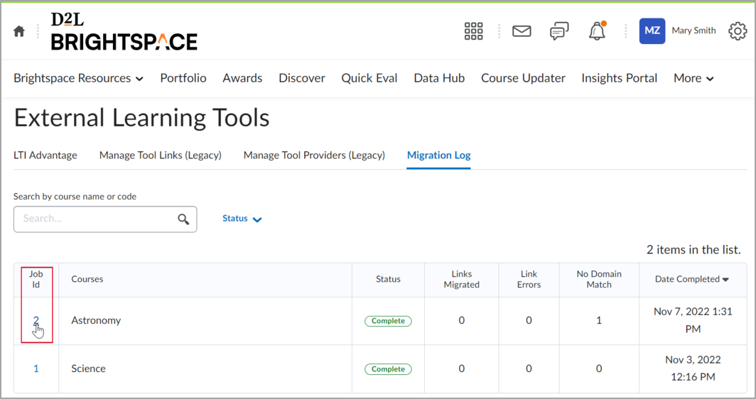 The Job Id link of the Migration Log tab