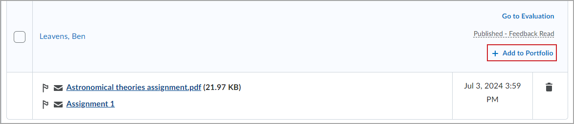 A opção Adicionar ao portfólio da página Envios de atividades.