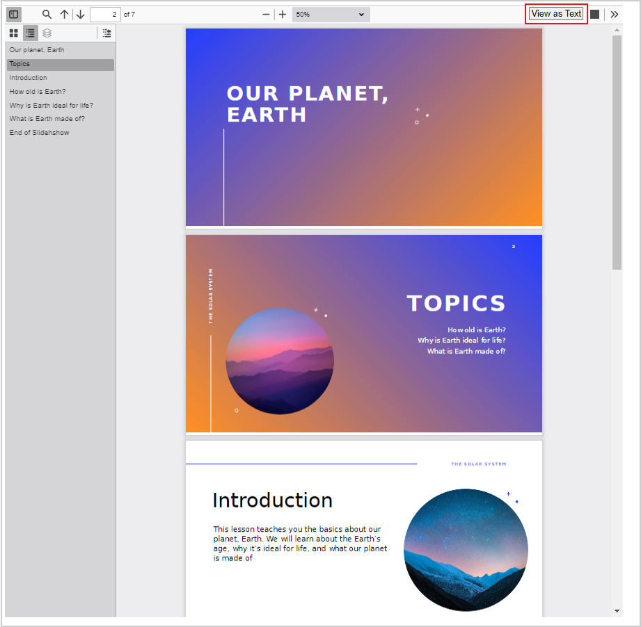 A PowerPoint is displayed with its original slideshow format. The View as Text button is at the top right corner.