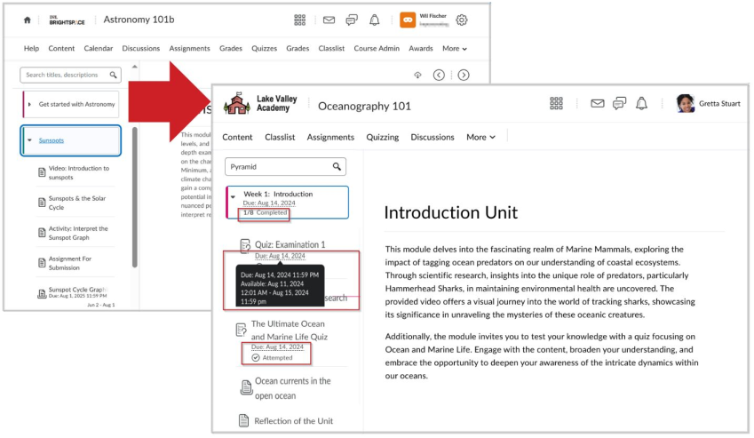 A imagem mostra uma comparação da Nova Experiência de Conteúdo antes e depois. À esquerda, a interface de conteúdo anterior mostra tópicos em uma lista sem um indicador de progresso. À direita, a interface atualizada exibe indicadores de progresso ao lado de cada tópico, marcas de seleção para itens concluídos e o progresso fracionado. Os prazos são mostrados em uma linha, com uma dica de ferramenta que exibe detalhes adicionais ao passar o mouse.