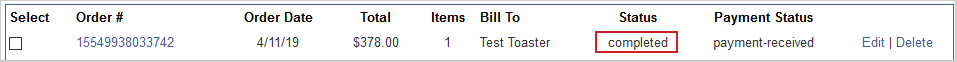 The Status column for an order with the completed status