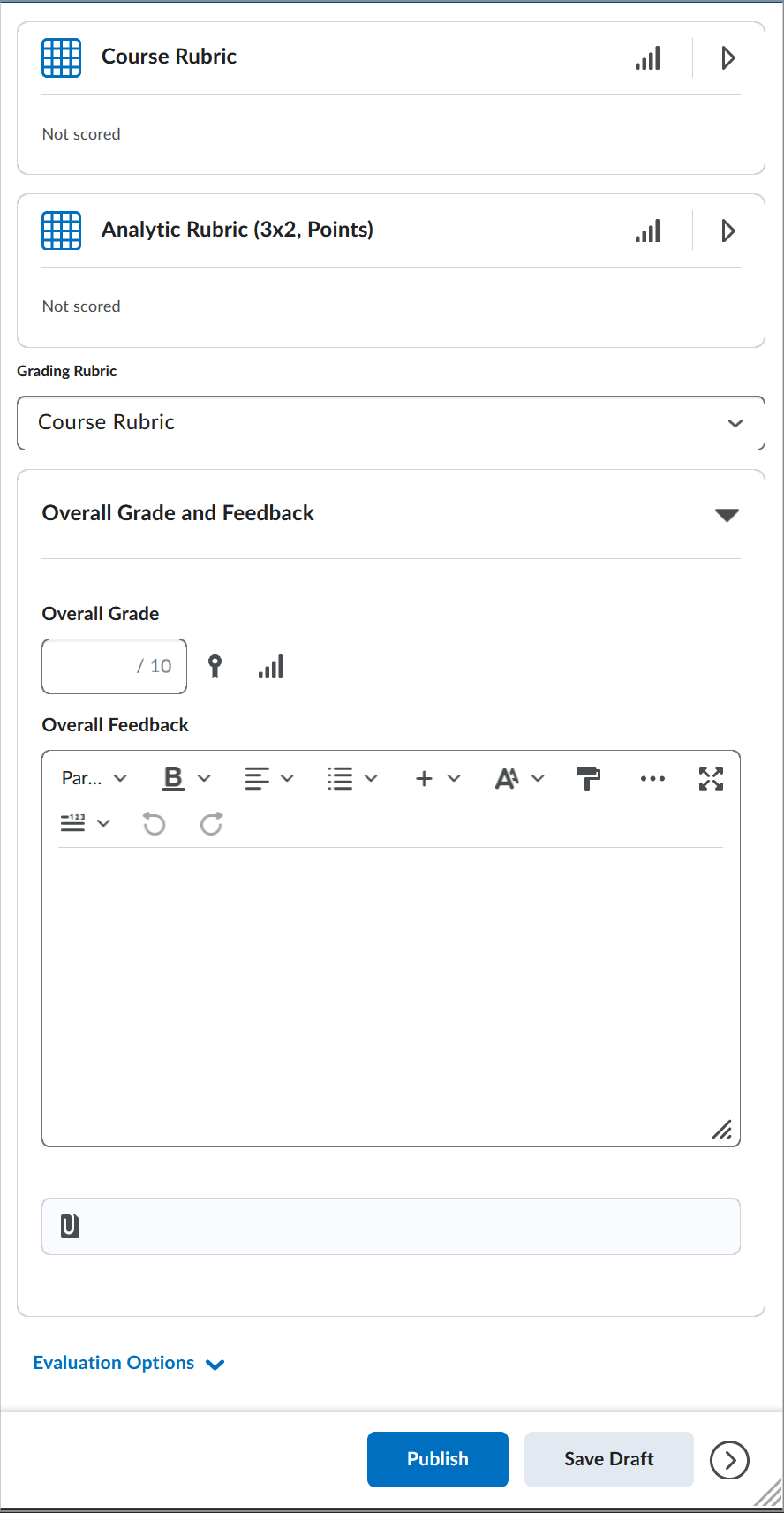 The mobile evaluation view. Multiple containers are closed with one open at the bottom for the Overall Grade and Feedback container.