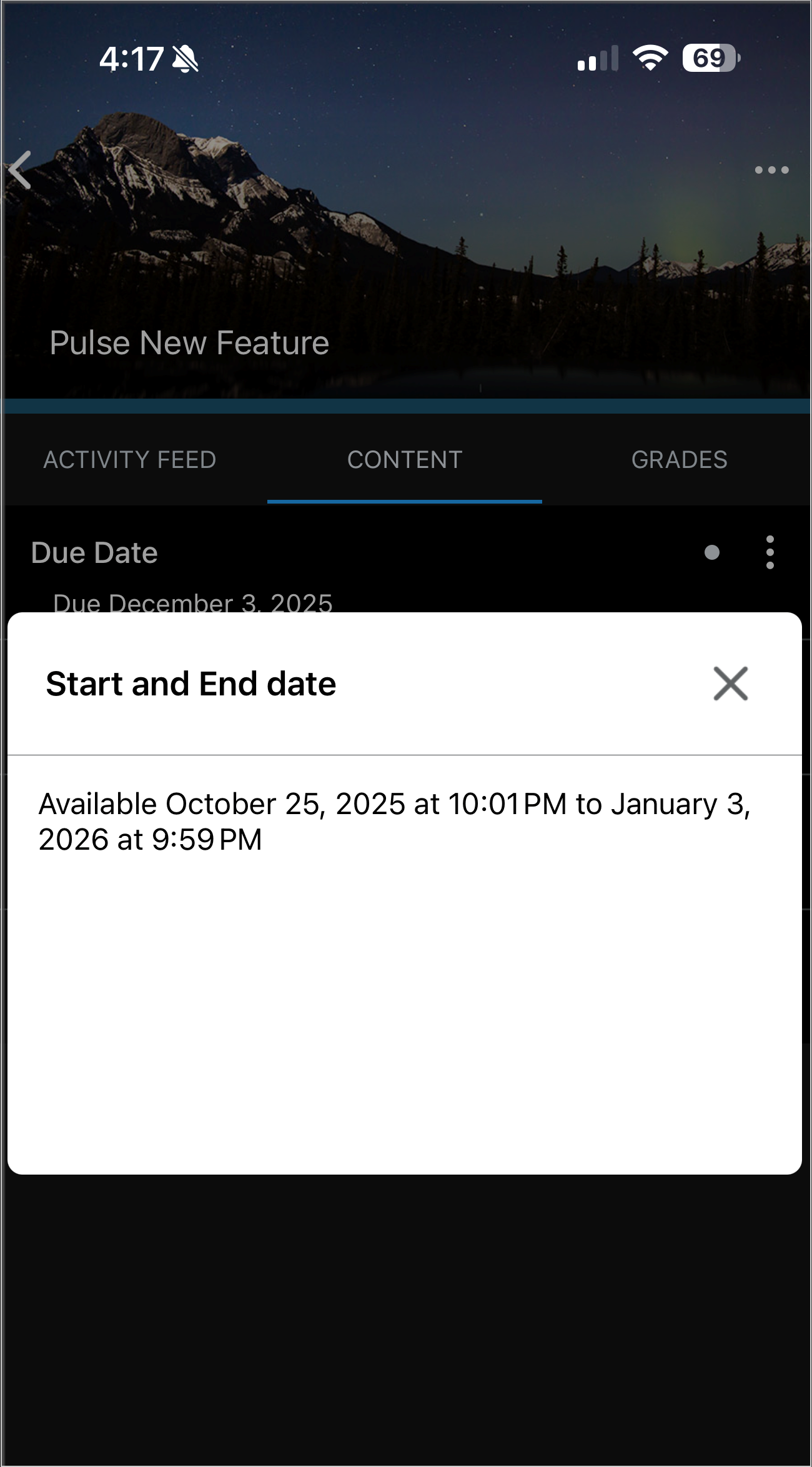 Cuadro de diálogo de fechas de inicio y final que muestra la disponibilidad del contenido desde el 25 de octubre del 2025 hasta el 3 de enero del 2026