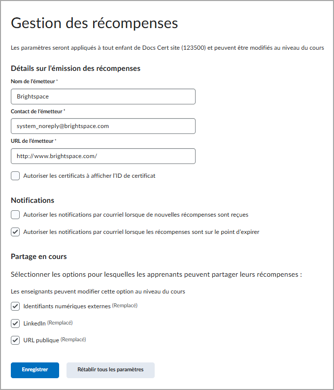 Page des paramètres de la Gestion des récompenses affichant les détails de l’émetteur, les notifications et les options de partage, avec le bouton d’enregistrement