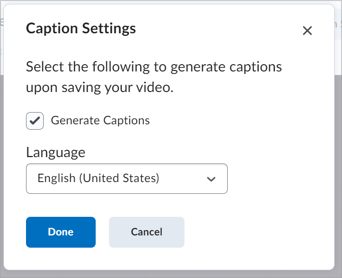 The Caption Settings dialog showing the Generate Captions option checkmarked and the Language drop-down displaying the langauge as United States English.