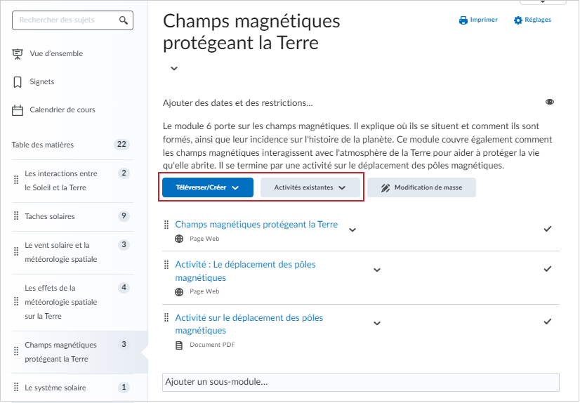 Les options Télécharger/Créer et Activités existantes d’un module.