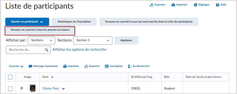Bouton « Envoyer un courriel à tous les parents et tuteurs » dans la Liste des inscrits au cours, si l’enseignant dispose de l’accès aux courriels