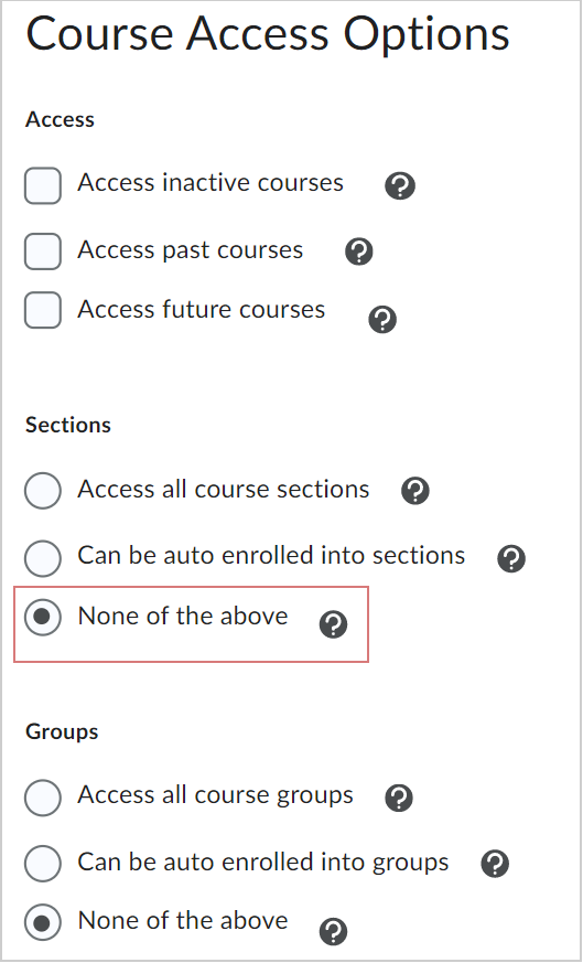 O menu Opções de acesso ao curso mostrando a opção Nenhuma das opções acima no cabeçalho Seções.