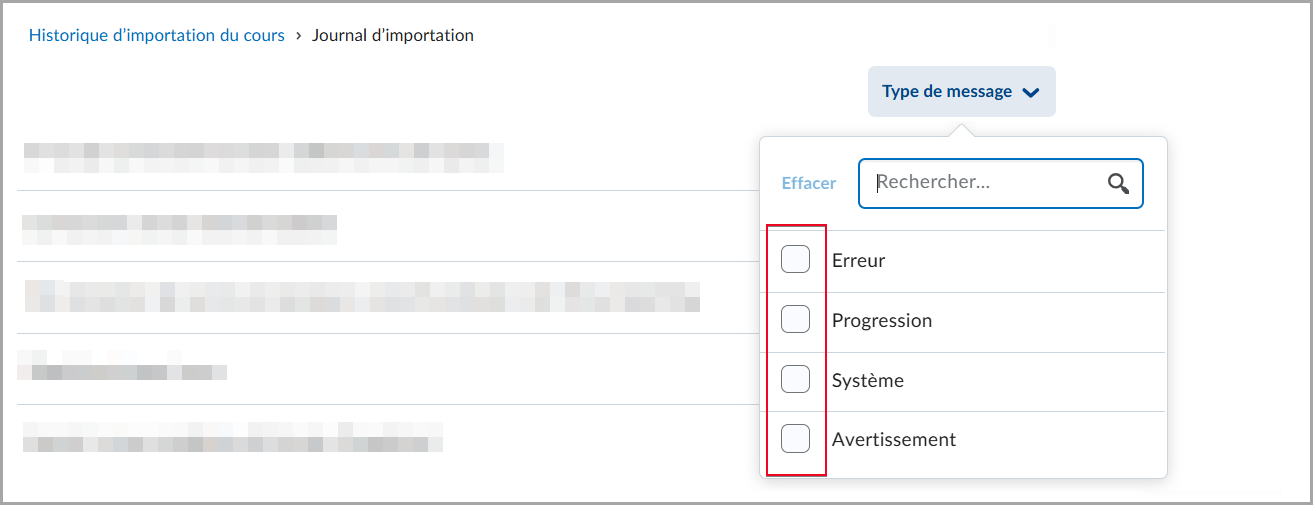 Le Journal d'importation permet de filtrer les types de messages.