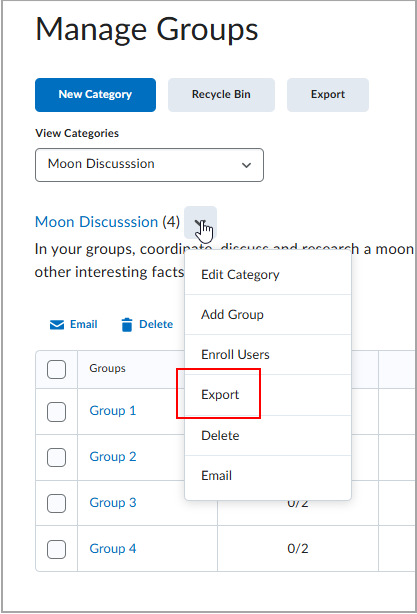 A drop-down menu showing options to manage a category, and export data