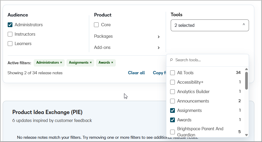 Publicaciones de notas de Brightspace que muestran los filtros activos y los resultados filtrados.