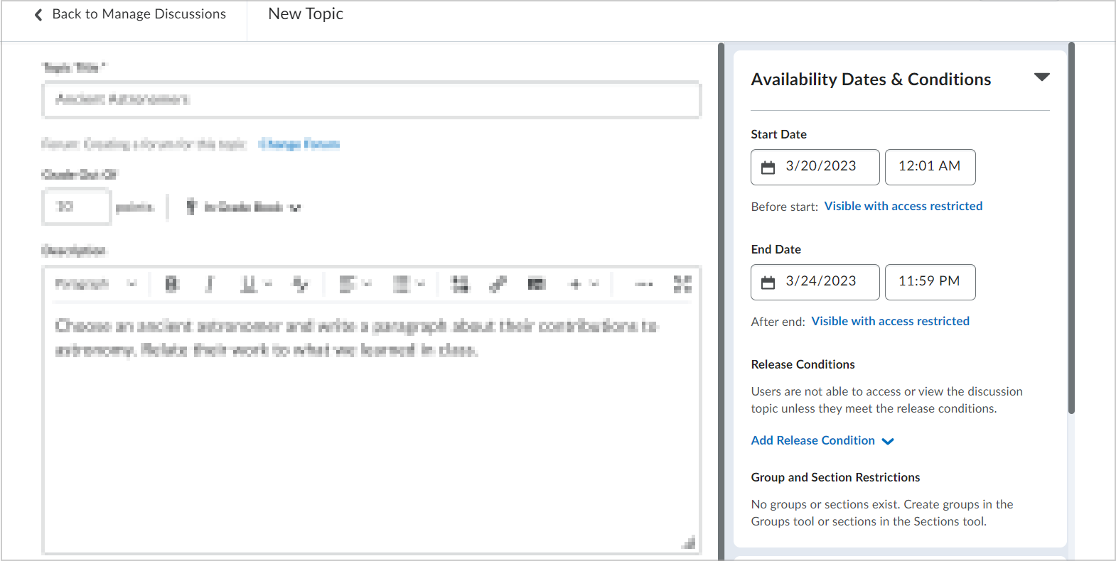 The Availability Dates & Conditions menu showing start date, end date, release conditions, and group and section restrictions