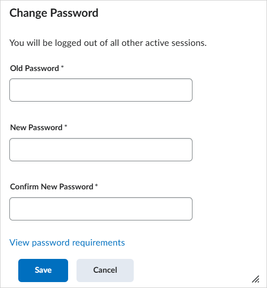 The Change Password dialog. The Old Password, New Password, and Confirm New Password fields are empty.