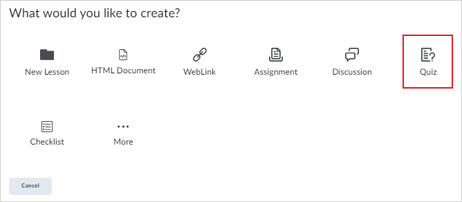 The What would you like to create? page with the Quiz option highlighted.