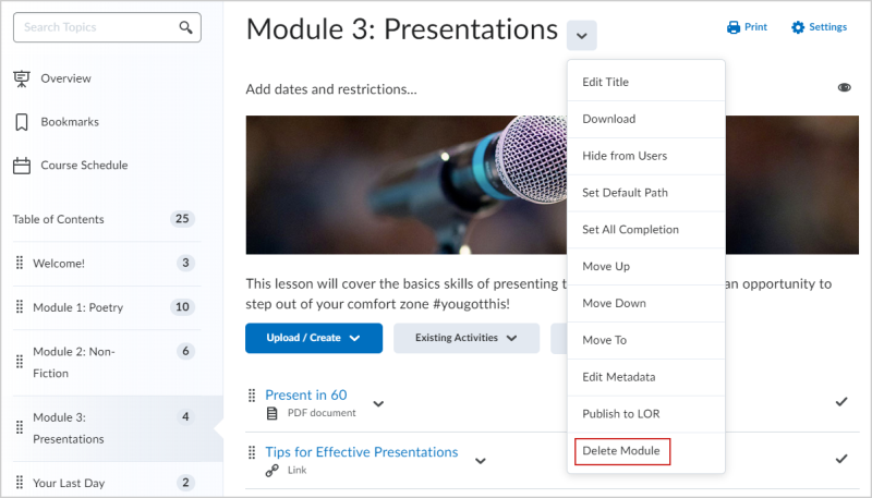 The Delete Module option.