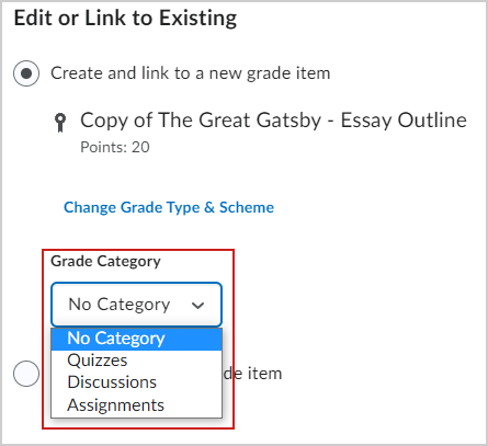 A opção Categoria de nota.