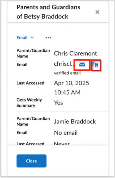 Parents and Guardians of student name panel showing options to email or copy a parent’s email address.