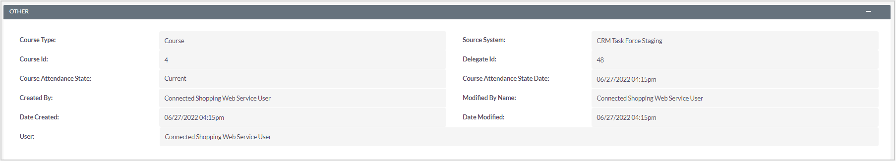 El subpanel Otro muestra registros adicionales para la lista de asistencia del curso